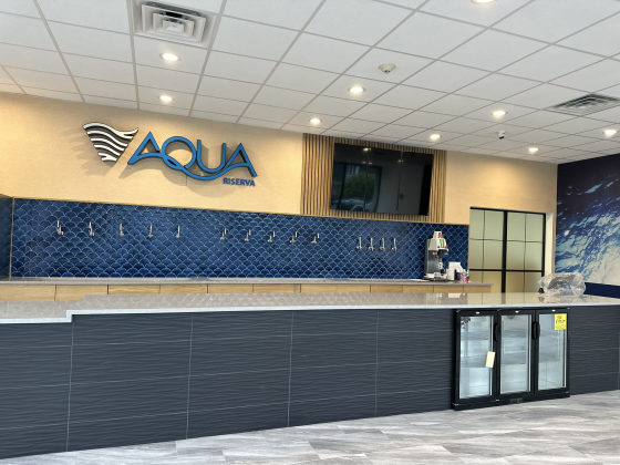 Modern commercial reception area with blue wave-patterned tile accent wall, light wood counter, and branded signage